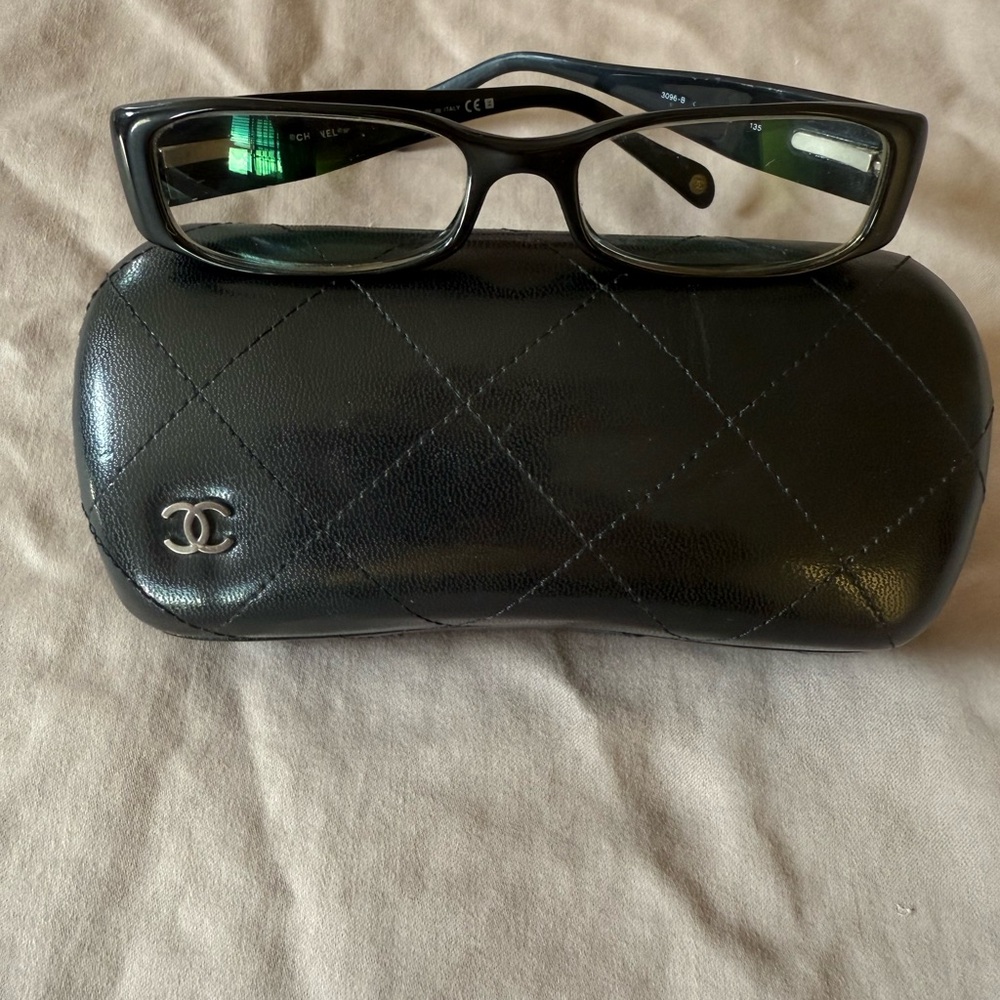 CHANEL Black Rectangular Glasses with Quilted Case